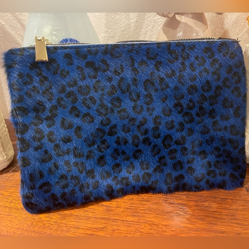 Burton Of London Calfskin blue leopard wristlet